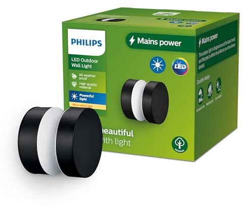 Philips Outdoor Laven Wandleuchte 6W, 2700 Kelvin warmweißes Licht, IP44 wetterfest, schwarz
