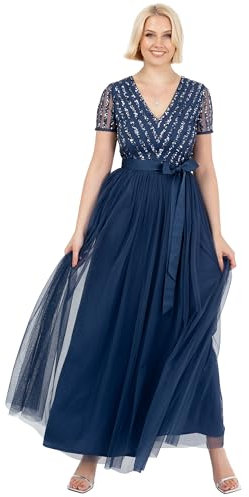 Maya Deluxe Women's Maxi Dress Ladies Bridesmaid V-Neck Ball Gown Short Sleeves Long Elegant Empire Waist Wedding, French Navy, 16