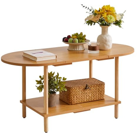 Aibiju Wooden Tea Table Splicing Design, 2 Tier Coffee Table for Living Room, 35x16x17inch TV Table Stand with Storage Shelf Natural Wood Color YD-011N
