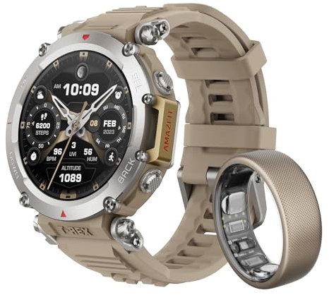 Amazfit T-Rex Ultra Smartwatch für Outdoor-Benutzer, Dualband-GPS, Routenimport & Navigation, Offline-Karte, 10 ATM Wasserdichtigkeit, -30℃ Ultra-Tieftemperaturbetrieb Smartwatch & Helio Ring Größe 12