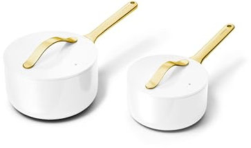Caraway Nonstick Ceramic Sauce Pans with Lids (3 qt & 1.75 qt) - Non Toxic, PTFE & PFOA Free - Oven Safe & Compatible with All Stovetops (Gas, Electric & Induction) - White