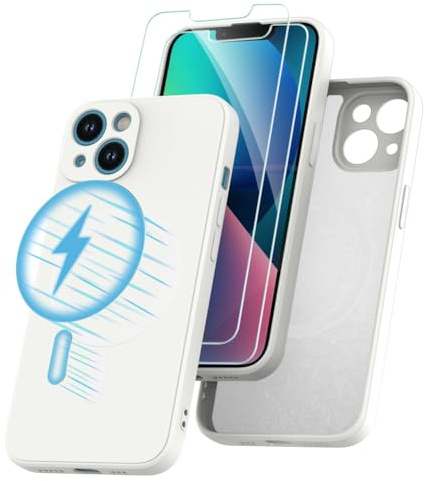 Garegce iPhone 13 Hülle Magnetisch Silikon mit 2 Stück Panzerglas Kompatibel mit MagSafe, Handyhülle Stoßfest Ultra Dünne Flüssig Silikon Wehutzhülle Case - 6,1 Zoll - Weiße