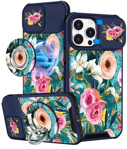 VincitoreModa for iPhone 14 Pro Max Case - [2in1] Cute Girls Women Flower Floral Compatible with MagSafe Ring Stand Design Slide Camera Cover for Apple for iPhone 14 Pro Max Phone Case 6.7