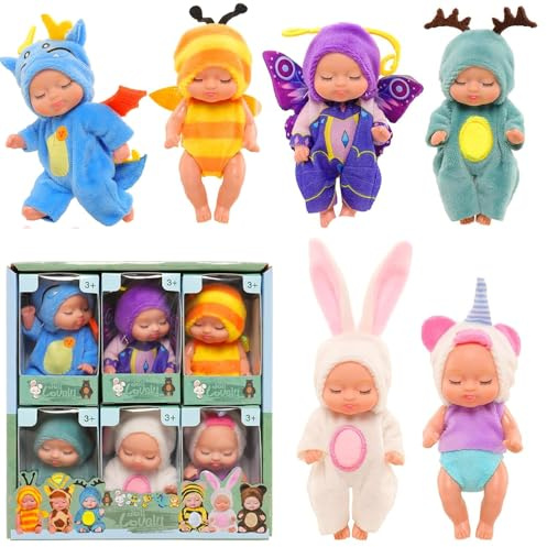 SKIKHN Mini Reborn Puppen,6 Stück Mini Puppes, Baby Minis Puppens,3,5 Zoll Reborn Babys Dolls,Newborns Rebornes Babys, Kleine Minis Püppchen mit Kleidung,Puppenspielzeug für Kleinkinder,Mädchen,Kinder