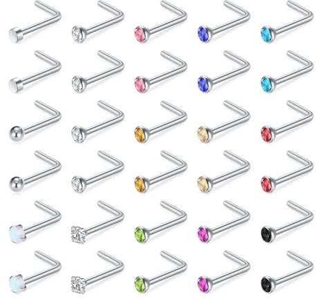 Incaton 30Stk Nasenpiercing 20G Nasenstecker L Spiralpiercing Nasenpiercing Stud Piercing Schmuck 0.8mm