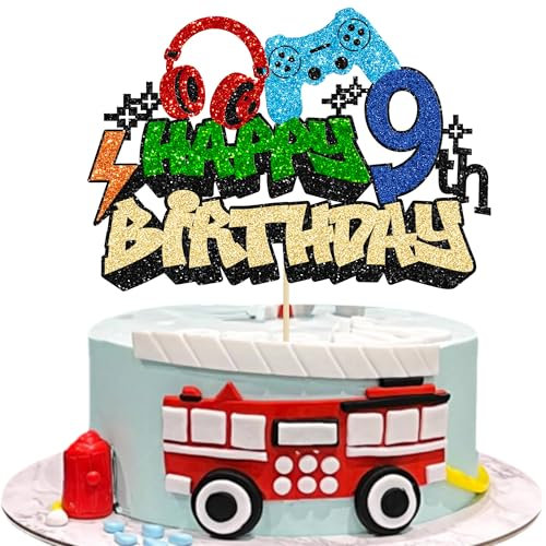 Gyufise 1Pcs Video Game Happy 9th Birthday Cake Topper Glitter Video Game Cake Pick Game On Controllers Tenth Cheers to 9 Years Cake Decoration for Boys 9th Birthday Party Supplies