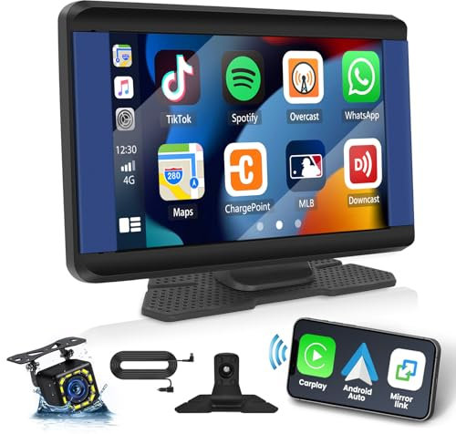 CAMECHO Wireless Car Stereo for CarPlay Android Auto Portable Car Radio 7 Inch Touch Screen Wireless Carplay Screen with Backup Camera, Bluetooth GPS Sat Nav Voice Control Mirror Link FM AUX/USB