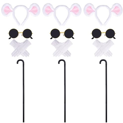 baotongle Mouse Costume Accessories Set 12 Pcs Round Mouse Headbands Foldable Sunglasses White Gloves for Carnival Carnival Party (White)
