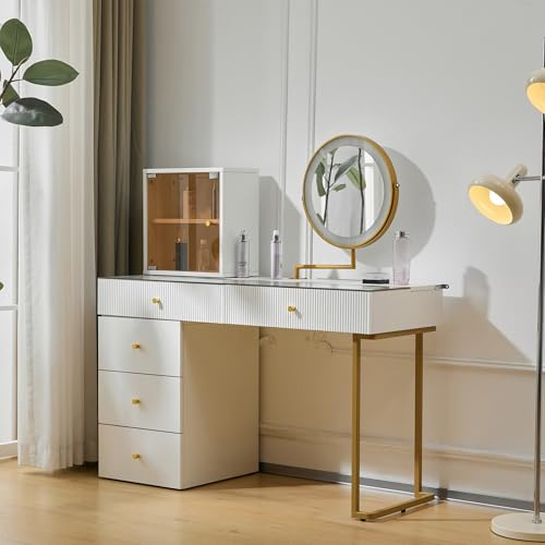 KAZZIO Tocador con espejo LED, superficie de mesa de vidrio templado transparente, mueble de tocador lateral y armario, muebles elegantes (sin taburete) (Blanco/con armario)