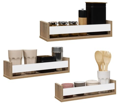 IDMarket - Set aus 3 Wand-Gewürzregalen Jules in Buchenholzoptik und Weiß