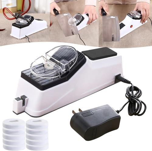 Surudoisharp Pro Electric Knife Sharpener, Multi-Task Straight Knife Scissor Fast Grinding Machine, Automatic Sharpening Tool with 10 Replacement Grinding Discs (Sharpened, Adapter)