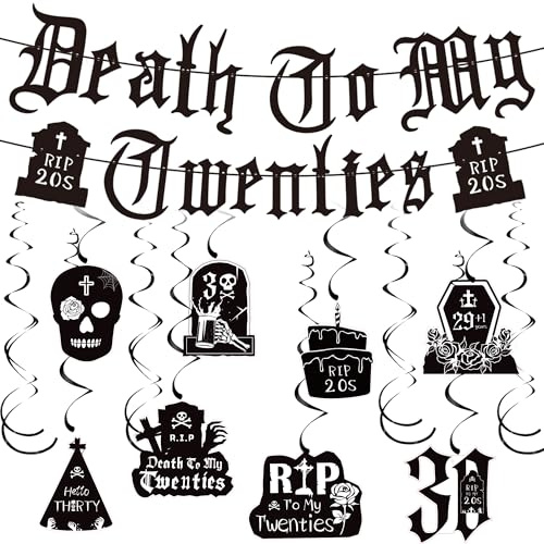Death To My 20s Dekorationen – 13 Stück Schwarz Death To My Twenties Banner Rip To My 20s Hanging Swirls 30th Birthday Party Supplies für Männer Frauen My Youth Beerdigung 30 Jahre alt Geburtstag