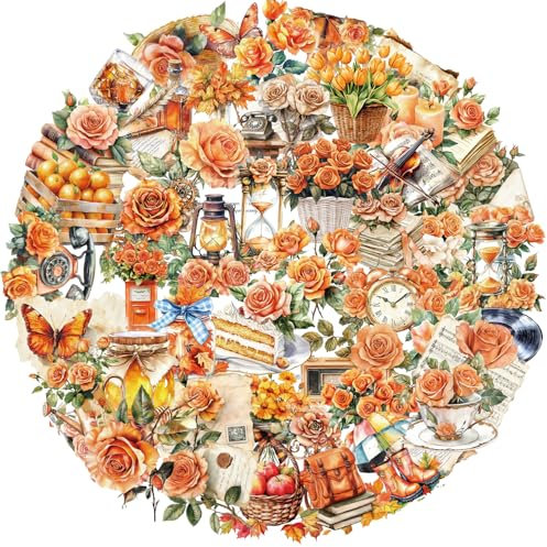 EUFFO Orangefarbene Blume Sticker 50 Stücke, Aesthetic Aufkleber für Scrapbook Journal Fotoalbum Laptop Kindle Helm Motorrad Fahrrad Computer, PET Transparenter Wasserfeste Decals