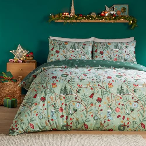 furn. Duvet Day Noelle Bettwäsche Set (Grün - Doppelbett) | Soft Touch Wendbare Festliche Weihnachtsbäume Pflegeleichte Bettwäsche