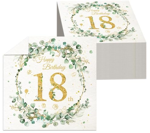 18 Geburtstag Deko Servietten,Gold Grün,40 Stück Servietten Eukalyptus für 18 Mädchen Junge Tischdekorationen Party Tischdekorationen für die Dekoration (18 Geburtstag)