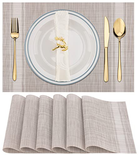 Winknowl 6er Set Tischsets Abwaschbar, PVC Platzdeckchen Abgrifffeste Hitzebeständig, rutschfest Platz-Matten für Küche Speisetisch Abwischbar Tisch-Matten Antifouling Leicht zu Reinigen (Beige Weiß)