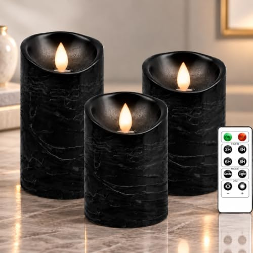 PinnWaa LED Kerzen, 3 Stumpenkerzen, Flammenlos, Flackernd, Schwarz | 10-Tasten-Fernbedienung, Timer 2/4/6/8 Std, Batteriebetrieb, Dimmbares Licht, Weihnachtsdeko, Hochzeit, Party und Tischdeko