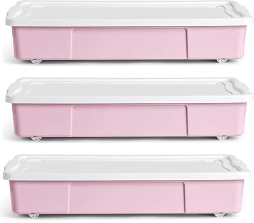 KYY'Z - 3x 47L Wheeled Underbed Storage Boxes with Secure Clip Lids Plastic Storage Containers on Wheels Ideal for Clothes Toys Bedding Organiser Stackable Home Bedroom Storage Pink Box with White Lid