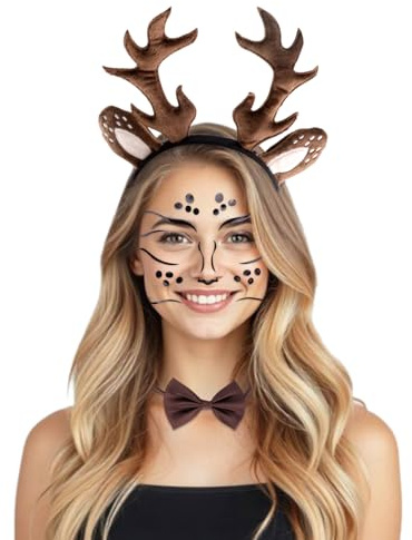 Kaempe Serre Tete Renne, Bandeau Bois Renne + Tatouage Visage Renne + Noeud Papillon, Bandeau en Bois de Cerf Accessoires pour Enfants et Adultes, Serre Tête Biche Homme et Femme Nouvel an Carnaval