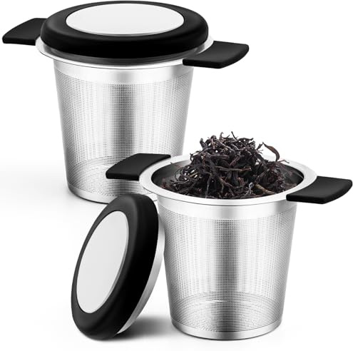 2 Stück Teesieb für Losen Tee aus 304 Rostfreiem Edelstahl | Teesieb für Tasse mit Deckel und Silikon Griffe, Wiederverwendbar, Passend Geeignet für die Meisten Teetassen, Teeschalen