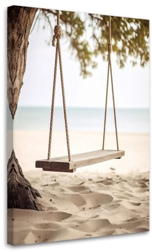 Feeby Wandbild - Wohnzimmer Modern Deko - Schaukel Strand Meer Dünen - 40x60 1tlg - Bilder Leinwand - Bild auf Leinwand Schlafzimmer - Leinwandbilder für die Wand - Canvas Painting - Fotokunst