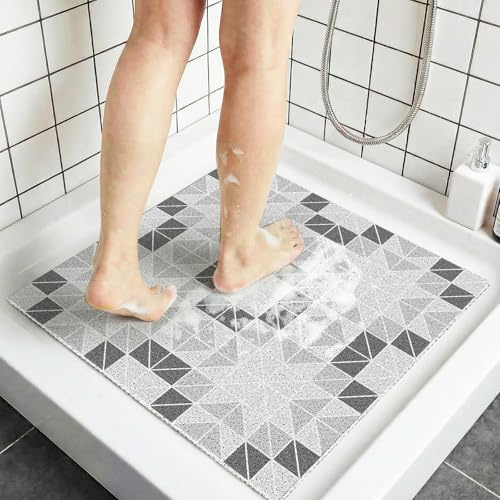 Tappeto Doccia Antiscivolo Quadrato 60x60 cm PVC Luffa, Tappetino Doccia Drenaggio Rapido, Tappeto Bagno Antiscivolo Zone Umide, Antimuffa, Asciugatura Veloce, Geometria grigia