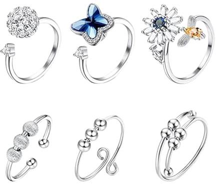 Garneck 6 Stück Verstellbare Kupfer Spinnerringe mit Zirkonia für Finger