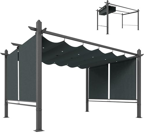 Outsunny Pergola 3 x 4 m Terrassenüberdachung mit Schiebedach, automatisch einziehbaren Rollos, UV50+ Überdachung mit Aluminiumrahmen Drainagelöcher Gartenpavillon Sonnenschutz für Terrasse Garten