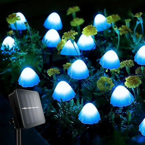 TOTHDATE Mini Solar Pilz Lichter Blau Licht, 5M 20LEDS Solar Pilz Außen Gartenleuchten Solarpfahl Lichter Wegebeleuchtung 8 Beleuchtungsmodi IP44 Wasserdicht für Garten Rasenflächen im Freien