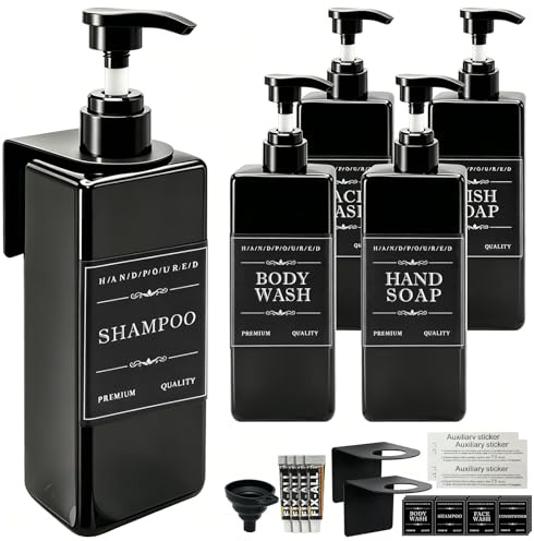 Prebarfun 5Pcs Shower Gel Dispenser 500ML Wall Mounted Soap Dispenser Black | Shampoo and Conditioner Dispenser, Refillable Shower Bottles, Plastic Pump Bottle with Funnel, for Bathroom, Kitchen, Hotel