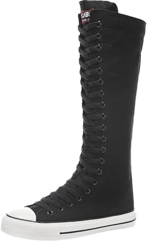 ANUFER Niña Mujer Rodilla Alta Botas de Lona con Cordones Cremallera Plano Zapatos Deportivos