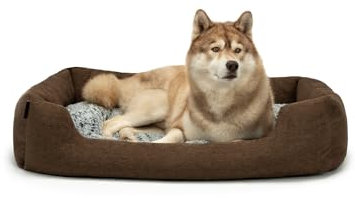 lionto Hundekörbchen mit flauschigem Wendekissen, kuscheliges Heimtierbett in meliertem Design mit tiefem Einstieg für Hunde & Katzen Aller Größen, 110x80 cm, weiches Hundebett, braun