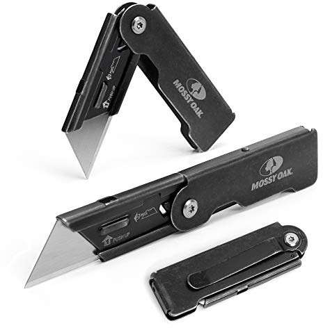 MOSSY OAK 2-pack Folding Pocket Utility Knife Set, Quick Change Box Cutter with Frame Lock, EDC Foldable Razor Knife with Belt Clip, Stone Washed