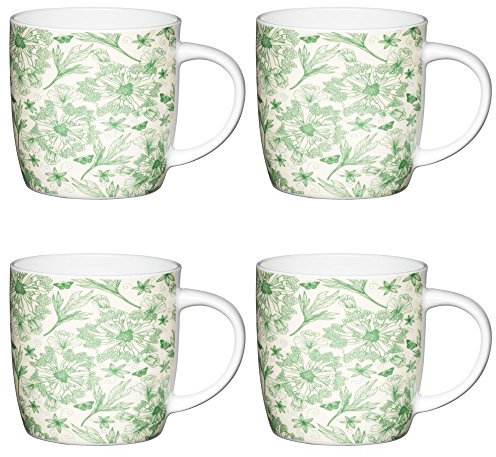 KitchenCraft Botanisches Blatt Fassförmige Becher mit Naturdrucken, 425 ml, Porzellan, Grün/Weiß, 12.4 x 8.9 x 9 cm, 4 Einheiten