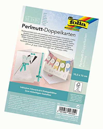 folia 179501 - Perlmutt Doppelkarten, ca. 10,5 x 15 cm, 250 g/qm, 5er Set, perlweiß - ideal für Einladungen, Glückwunsch- oder Grußkarten