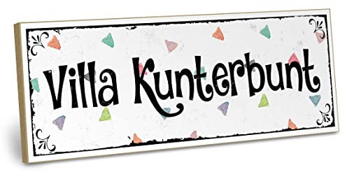 ARTFAVES® Wandbild Holzschild mit Spruch - VILLA KUNTERBUNT - Türschild Retro Vintage Deko Bild Geschenk - Familie, Zuhause