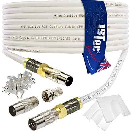 1STec 50m Shielded Digital TV Male to M/Female Gold Plated F-Connector Cable for FreeView HD Freesat BT YouView Satellite Dish or Rooftop Aerial to Wall Box Plug or Socket Lead (50 Metre, White)