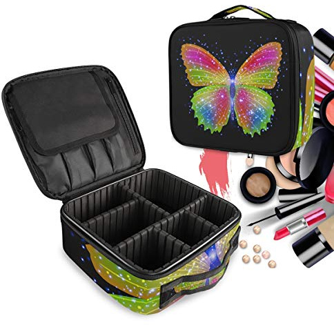 Negro Mariposa Colorida Bolsa de Maquillaje Organizador de Cosméticos Portátil Estuche Mochila con Divisor Ajustable para Mujeres Niñas