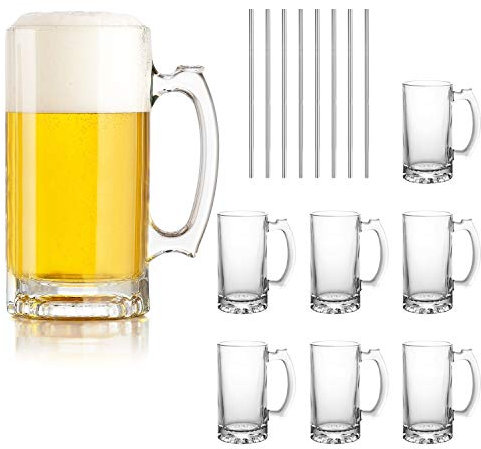 Set di 8 tazze da birra, in vetro con manico, 16 oz, grandi bicchieri da birra per congelatore, bicchieri da birra da 500 ml, per pub e birra