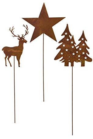 creativ home Metall STECKER. Hirsch, Baum, Stern. 3 Stück Set. Rost Dekostecker. Ca 40-50 cm. Art.: 6019823-37 (3 Stück)