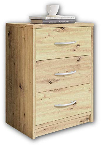 Stella Trading PEPE Nachttisch in Artisan Eiche Optik - Schlichter Nachtschrank mit drei Schubladen passend zu jedem Bett & Schlafzimmer - 39 x 54 x 28 cm (B/H/T)