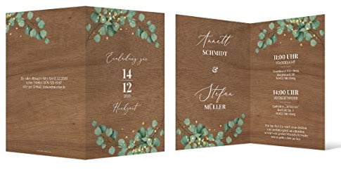 20 x Hochzeitseinladung individuelle Einladungen zur Hochzeit Holz-Design Klappkarte A6 - Eukalyptus