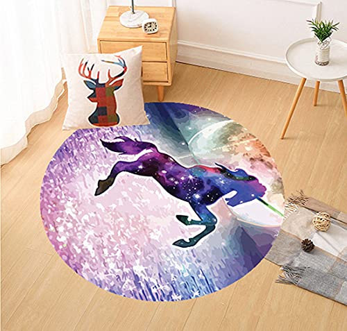 PEIHUODAN 3D Galaxis Einhorn Pferd Tier Muster Kinder Mädchen Baby Teppich Rund Schlafzimmer Kinderzimmer Dekorativ Kinderteppiche Wohnzimmer Teppiche Matten Modern Weichem Waschbar (90 cm,lila)