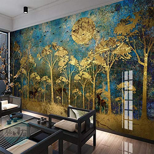 ZHEN WALLPAPER Toute Taille Personnalisé Papier Peint Mural Humour Abstrait Forêt Dorée Oiseau Mur Tissu Chambre TV Canapé Décoration de La Maison Papier Peint Rouleau * 250cmx175cm (98.4x68.9inch)