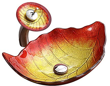 SHUGUANG Gehärtetes Glas Waschbecken, Aufsatzwaschbecken Glas Aufsatz Waschschale Blattform Waschschale Waschtisch Set mit Ablaufwasser Set, Wasserfall Wasserhahn, Montagering, 550×355×160mm,Rot