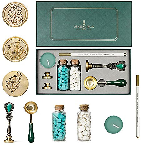 Holzsammlung Wachs Siegel Stempel Kit, mit Abnehmbarer Siegelstempel+Siegellack Perlen+ Schmelzlöffel+Malstift für Hochzeitseinladung, Weinverpackungen, Geschenkverpackungen, Grußkarten