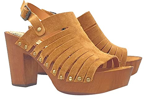 Woman SABOT heel 9 in genuine leather with ankle strap - handmade - G368 CAM CUOIO (6 US, BROWN)