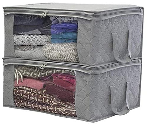 Aufbewahrungstasche für Kleidung, Unterbett Aufbewahrungstasche, Aufbewahrungskiste Für Bettdecken und Kissen, Wiederverwendbare Kleider Organizer, Aufbewahrung von Kleidung, faltbar 2 Pack (Grau)