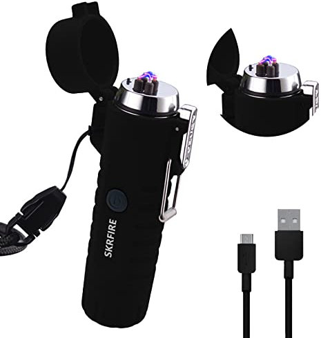 SKRFIRE Winddichtes Elektrisches Feuerzeug Mit LED-Taschenlampe - Doppelt Gebogenes, Wiederaufladbares USB-Plasma-Feuerzeug Mit Schlüsselband (Schwarz)