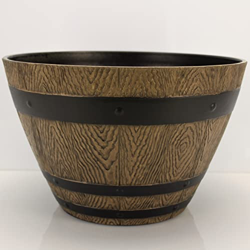 Blumenkübel im Eichenfass Design, Holzoptik - Blumentopf, Blumenkasten für aussen - 33 cm groß, 21 cm hoch (Hellbraun F2)